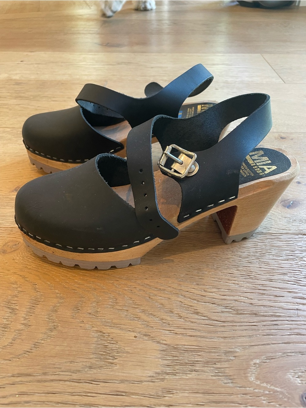 MIA Black Leather Slingback Clog Heels with Wooden Platform